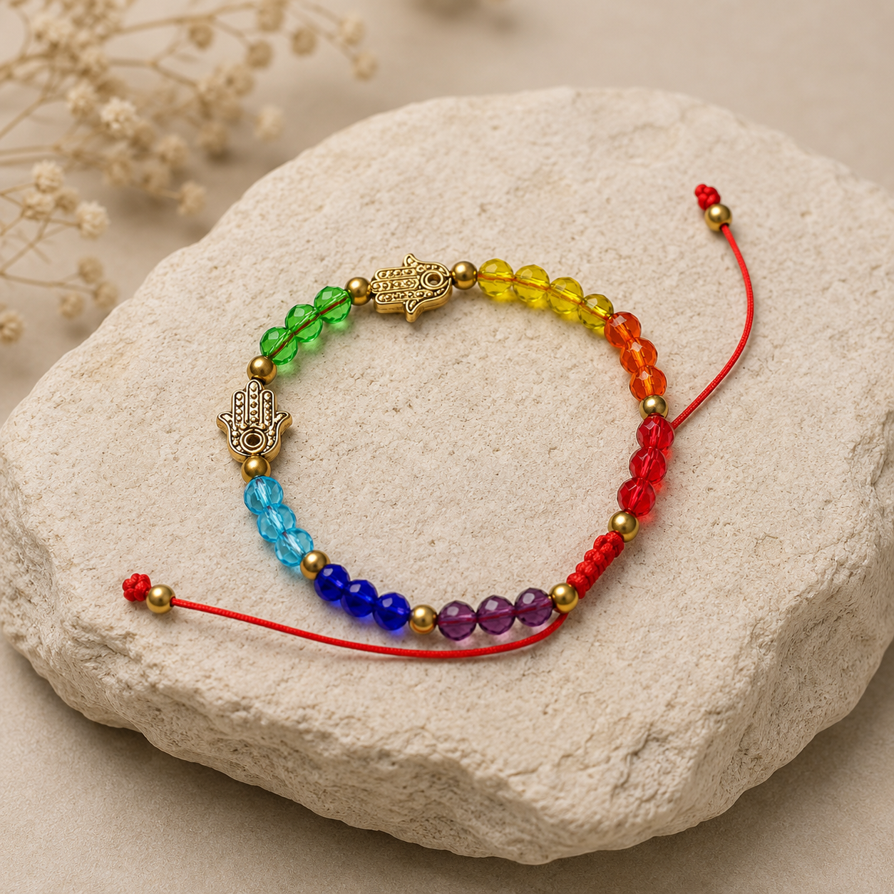 Pulsera de Cristal 7 Chakras con Mano de Fátima