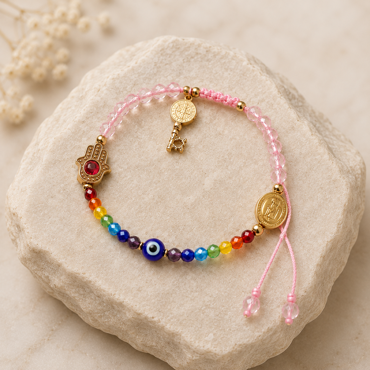 Pulsera Tejida con Ojo Turco y Dije de San Benito