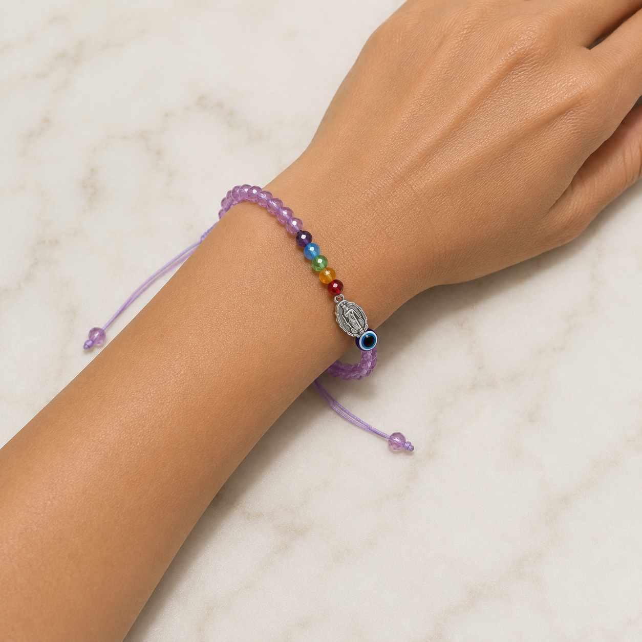 Pulsera 7 Chakras con Virgen de Guadalupe y Ojo Turco