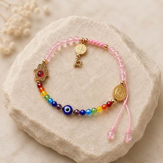 Pulsera Tejida con Ojo Turco y Dije de San Benito